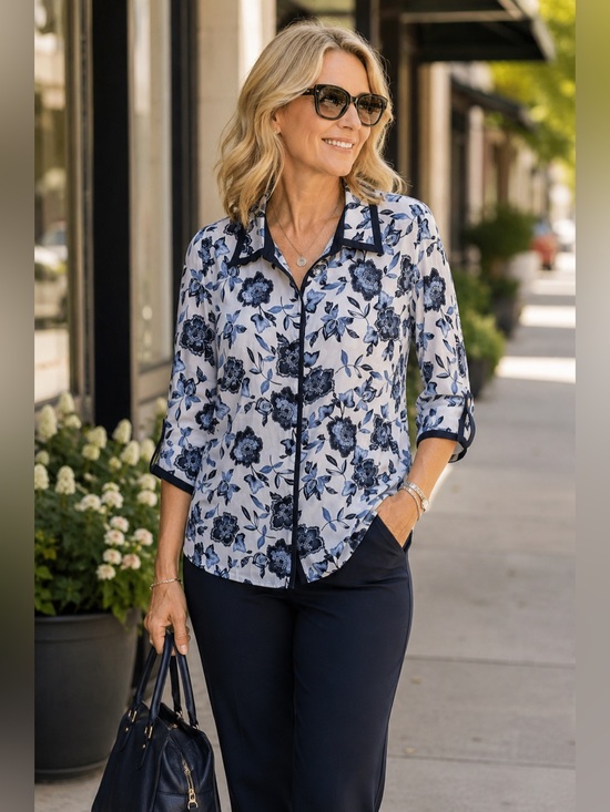 Graff Tops - Graff Petite XL Floral Button Front Blouse | Navy Blue Sheer Career Top